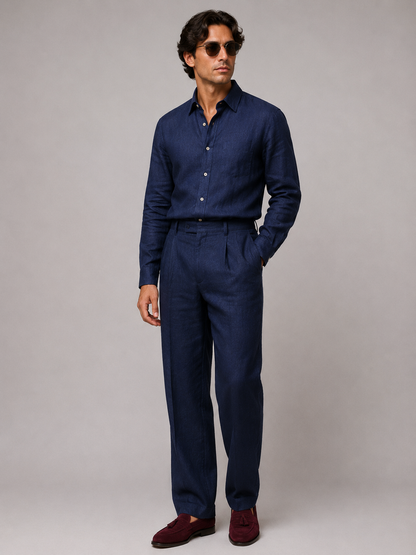 100% Linen Navy Blue Two-Piece Set