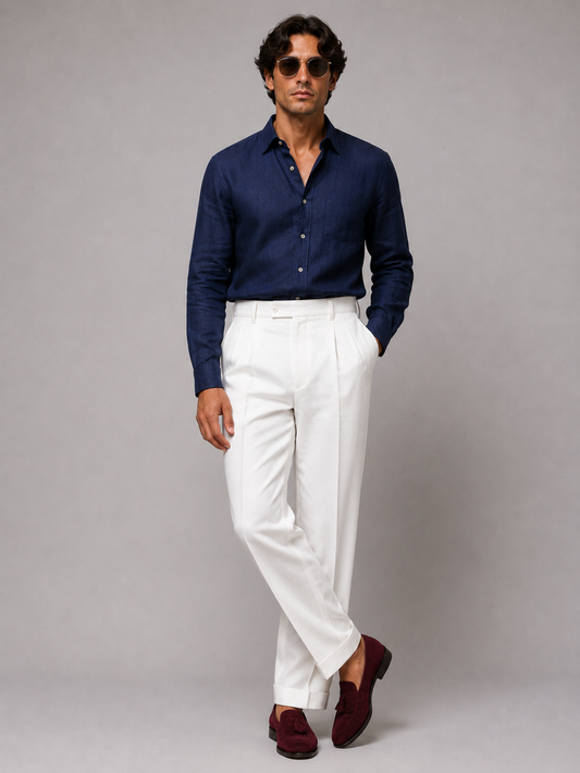 100% Linen Navy Blue Two-Piece Set