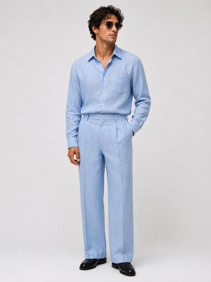 100% Linen Light Blue Two-Piece Set