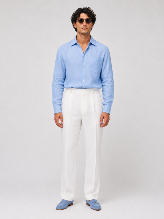 100% Linen Light Blue Two-Piece Set