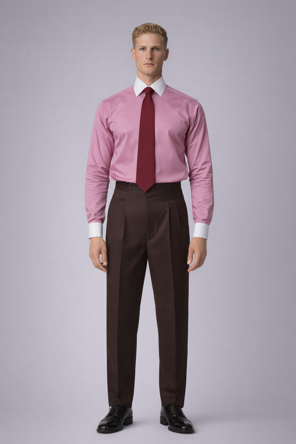 Chemise rose poudré à poignets blancs mousquetaires