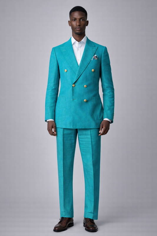 Turquoise Double breasted linen Suit
